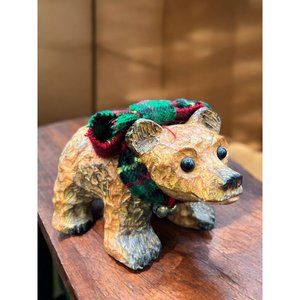 Vintage Resin Grizzly Bear Faux Wood Sculpture Plaid Scarf